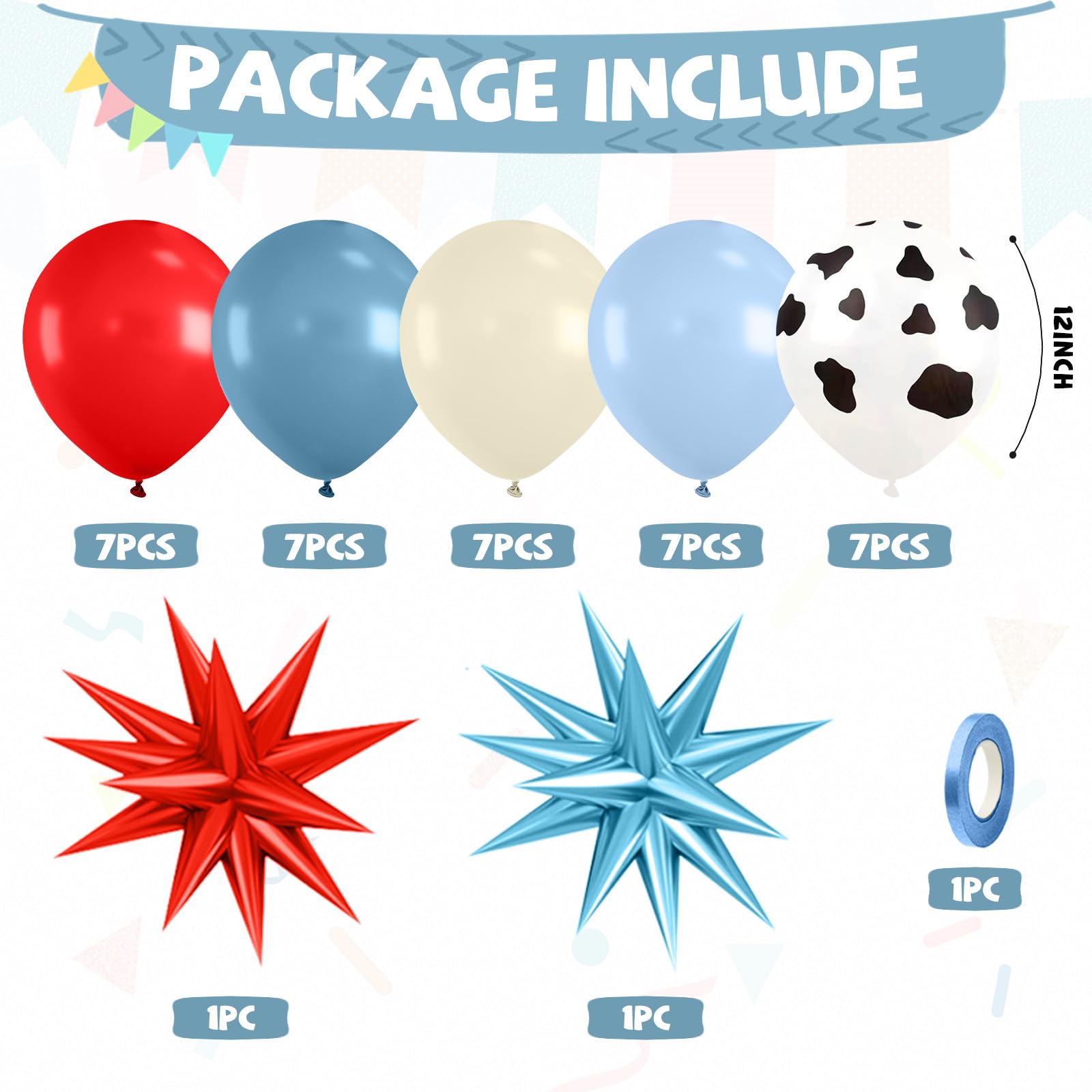 FunHot Red Blue Cow Balloons with Star Foil Balloons – Farm & Western Birthday Party Decor
