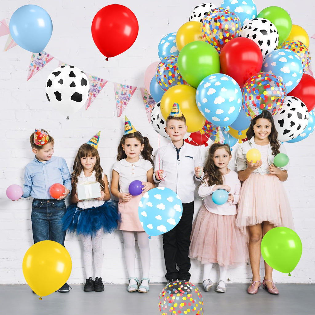 FunHot Red Yellow Blue Balloons Kit – 12 Inch Cow Print, Sky Cloud Print & Confetti for Kids' Parties