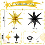 FunHot Black Gold Star Balloons – 18 Pcs Set with 6x22-Inch Explosion Stars & 12x10-Inch Four-Point Stars