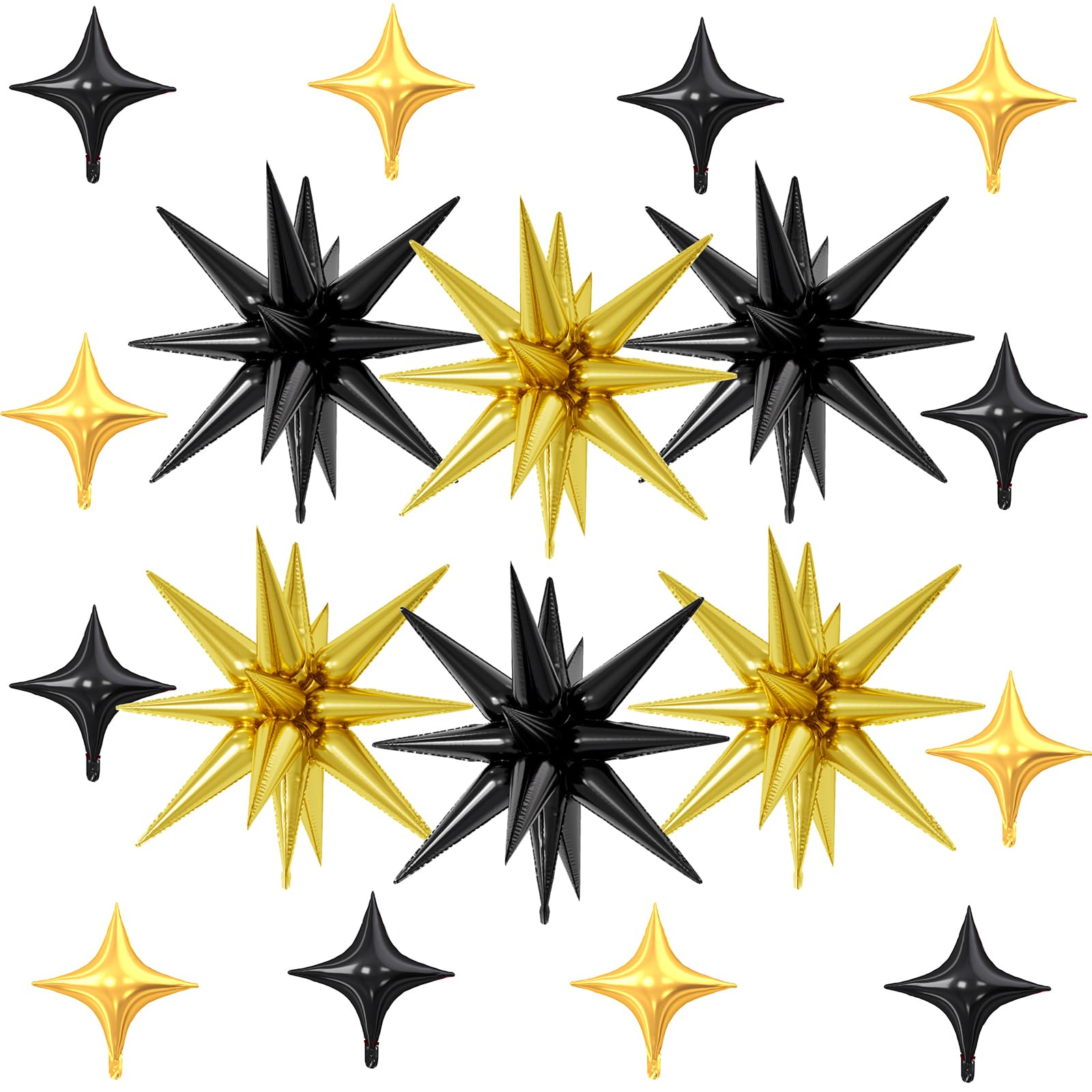 FunHot Black Gold Star Balloons – 18 Pcs Set with 6x22-Inch Explosion Stars & 12x10-Inch Four-Point Stars