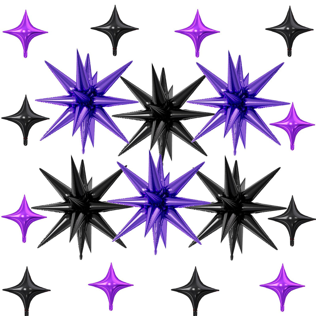 FunHot 18 Pcs Black Purple Star Balloons | 22-Inch Explosion Stars & 10-Inch Four-Point Stars