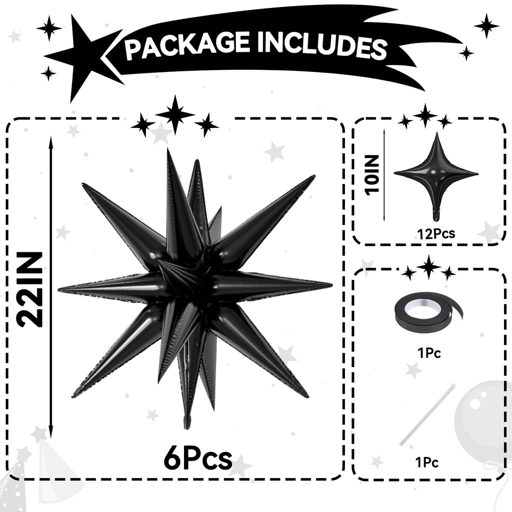 FunHot 18 Pcs Black Star Balloons — 22in Explosion + 10in Four-Point Foil Balloons for Party Decor