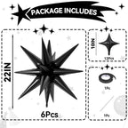FunHot 18 Pcs Black Star Balloons — 22in Explosion + 10in Four-Point Foil Balloons for Party Decor