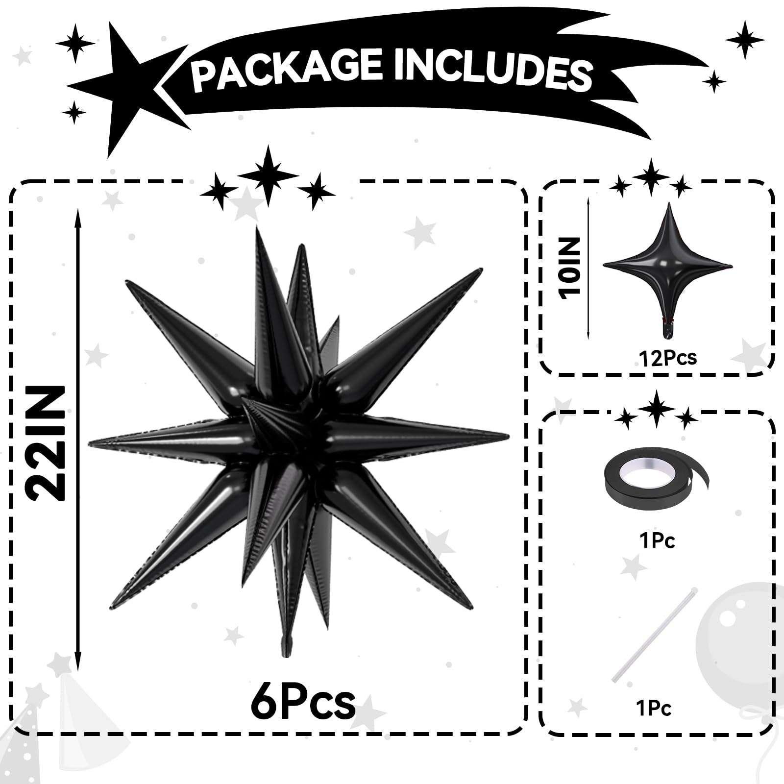 FunHot 18 Pcs Black Star Balloons — 22in Explosion + 10in Four-Point Foil Balloons for Party Decor