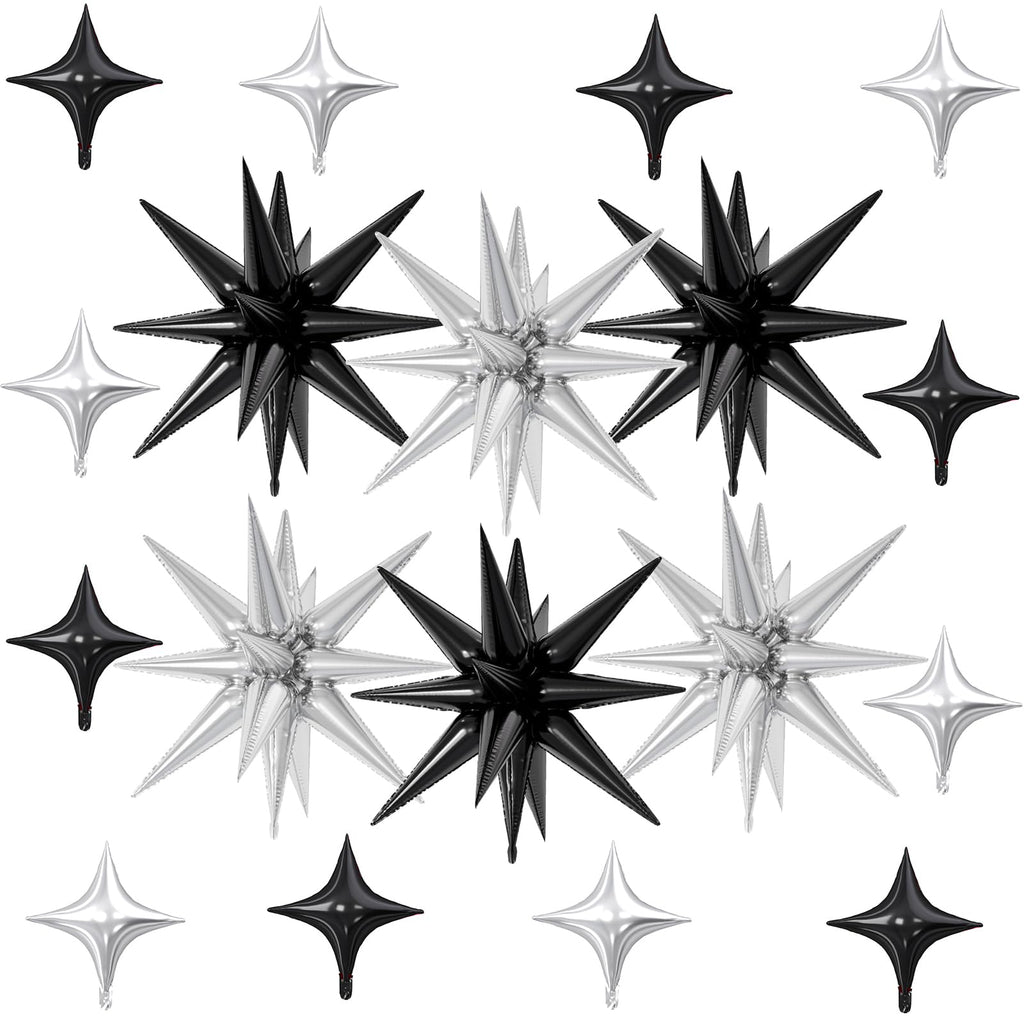 FunHot 18 Pcs Black Silver Star Balloons – 22-Inch Explosion Stars & 10-Inch Foil Balloons for Party Decor