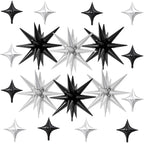 FunHot 18 Pcs Black Silver Star Balloons – 22-Inch Explosion Stars & 10-Inch Foil Balloons for Party Decor