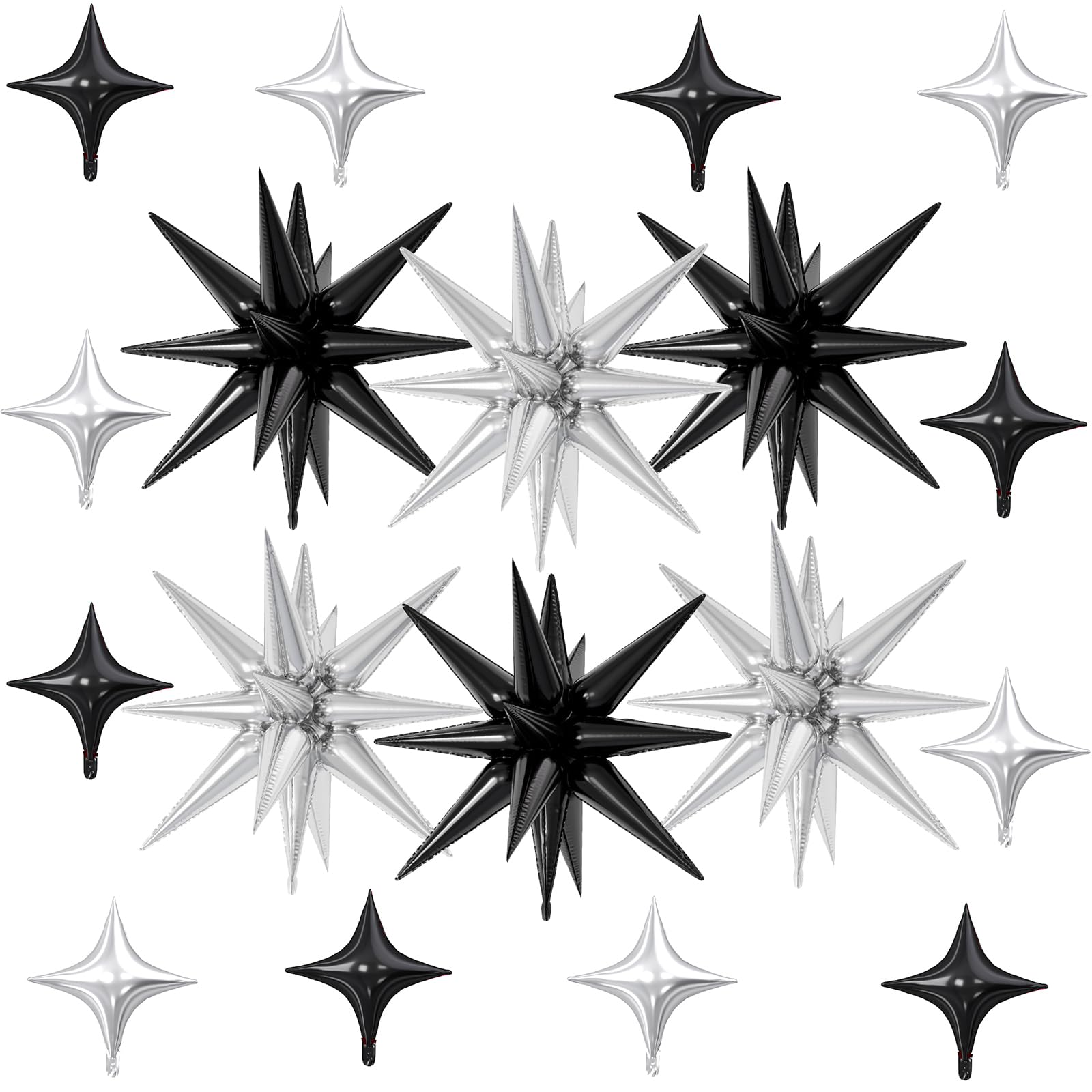 FunHot 18 Pcs Black Silver Star Balloons – 22-Inch Explosion Stars & 10-Inch Foil Balloons for Party Decor
