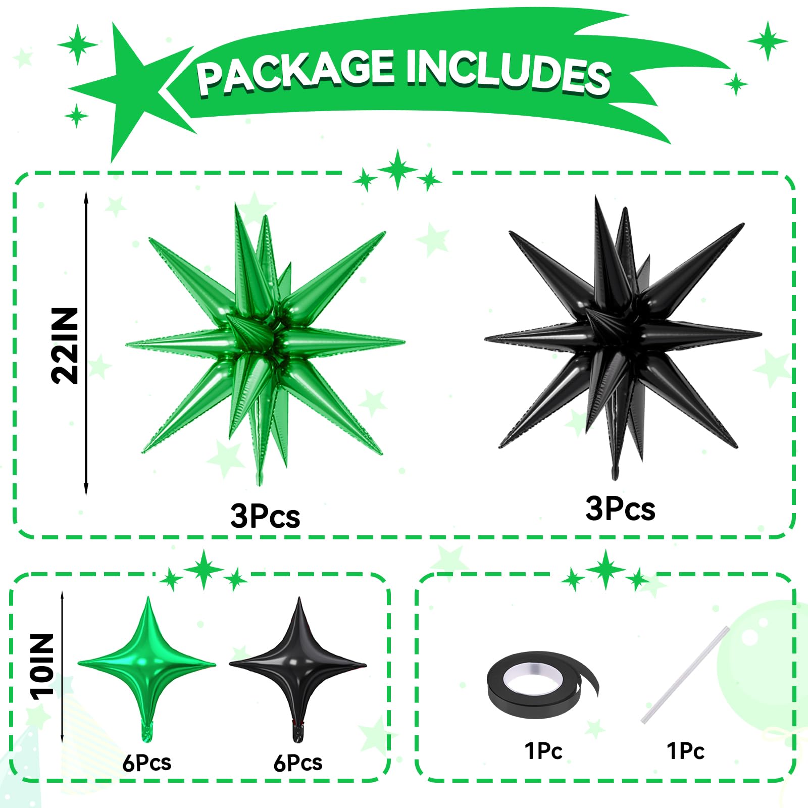 FunHot 18 Pcs Black & Green Star Balloons – Explosion & Four-Point Foil Balloons for Parties