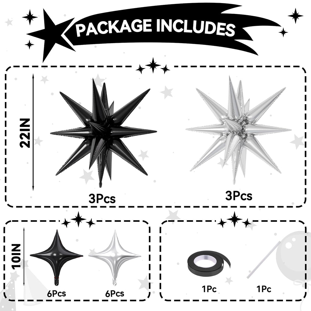 FunHot 18 Pcs Black Silver Star Balloons – 22-Inch Explosion Stars & 10-Inch Foil Balloons for Party Decor