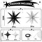 FunHot 18 Pcs Black Silver Star Balloons – 22-Inch Explosion Stars & 10-Inch Foil Balloons for Party Decor
