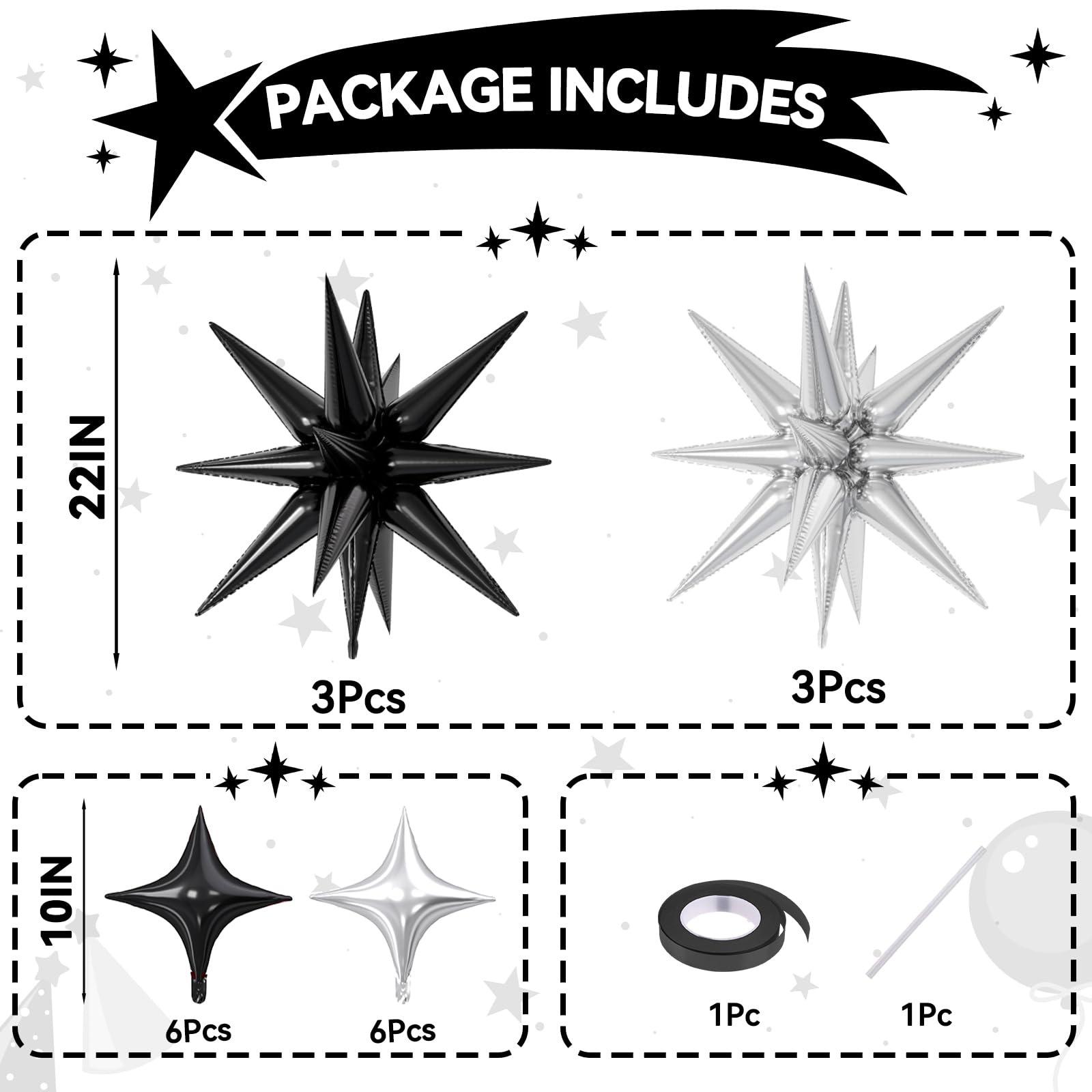 FunHot 18 Pcs Black Silver Star Balloons – 22-Inch Explosion Stars & 10-Inch Foil Balloons for Party Decor