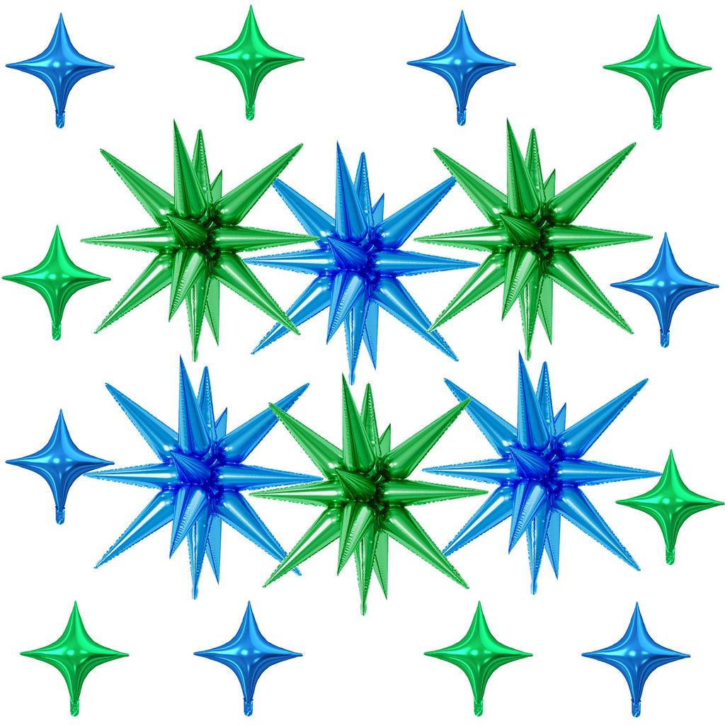 FunHot 18 Pcs Green & Blue Star Balloons – 22-Inch Explosion Star & 10-Inch Four-Point Foil Balloons for Dinosaur Theme Parties