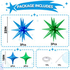 FunHot 18 Pcs Green & Blue Star Balloons – 22-Inch Explosion Star & 10-Inch Four-Point Foil Balloons for Dinosaur Theme Parties