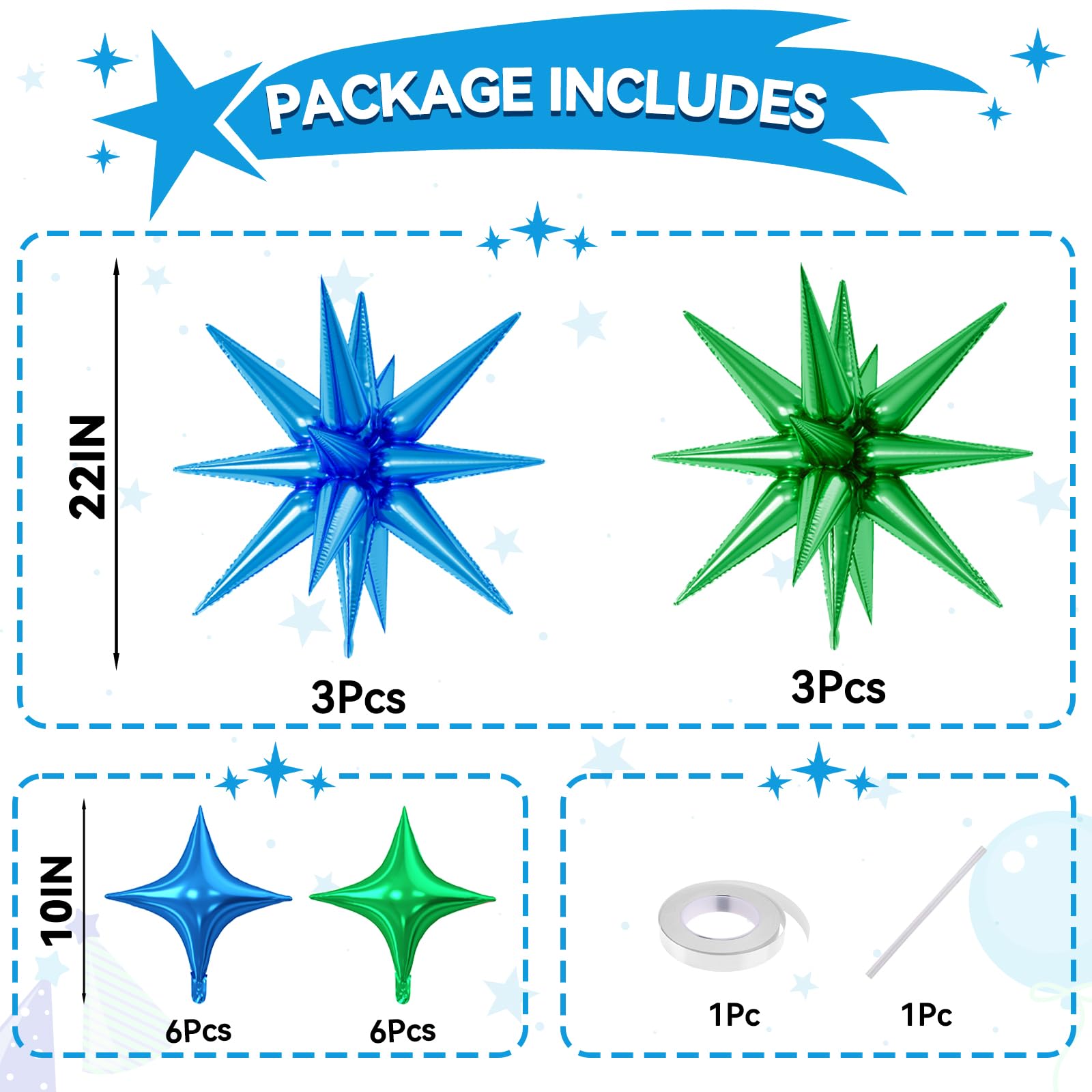 FunHot 18 Pcs Green & Blue Star Balloons – 22-Inch Explosion Star & 10-Inch Four-Point Foil Balloons for Dinosaur Theme Parties
