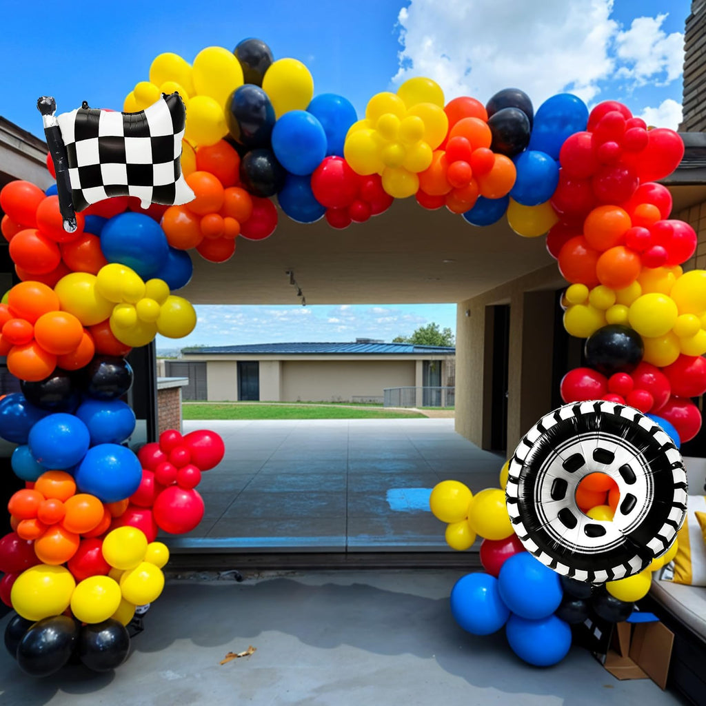 FunHot Race Car Balloons Set – Checkered Flag & Tire Balloons for Racing Party Decor
