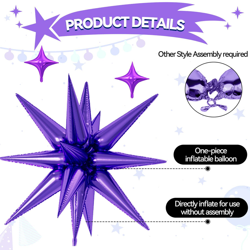 FunHot 18 Pcs Black Purple Star Balloons | 22-Inch Explosion Stars & 10-Inch Four-Point Stars