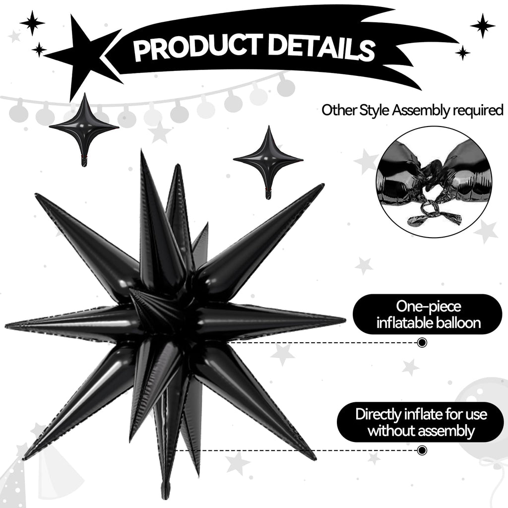 FunHot 18 Pcs Black Silver Star Balloons – 22-Inch Explosion Stars & 10-Inch Foil Balloons for Party Decor