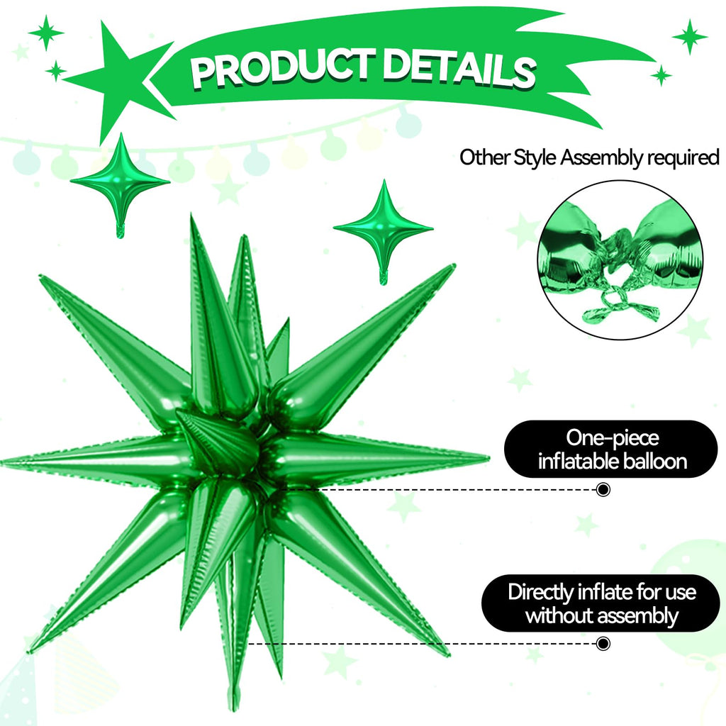 FunHot 18 Pcs Black & Green Star Balloons – Explosion & Four-Point Foil Balloons for Parties