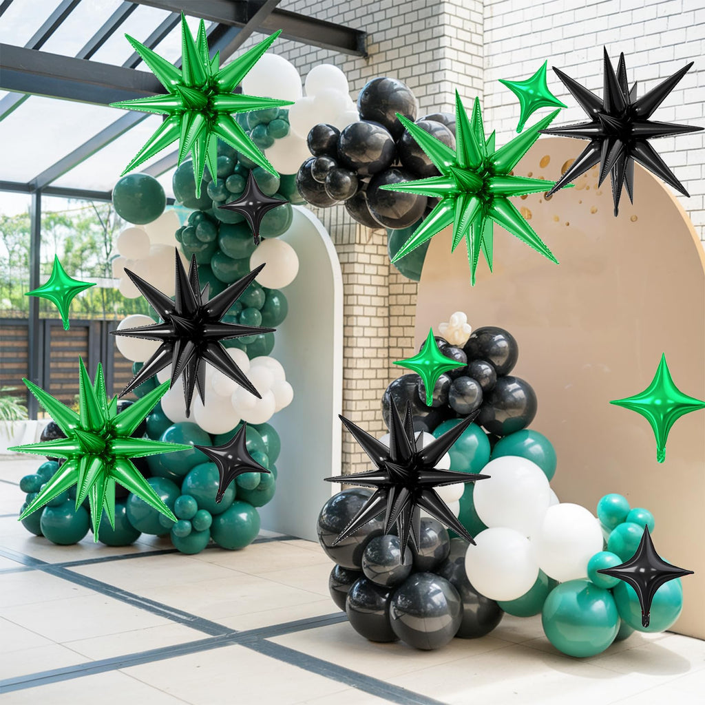 FunHot 18 Pcs Black & Green Star Balloons – Explosion & Four-Point Foil Balloons for Parties