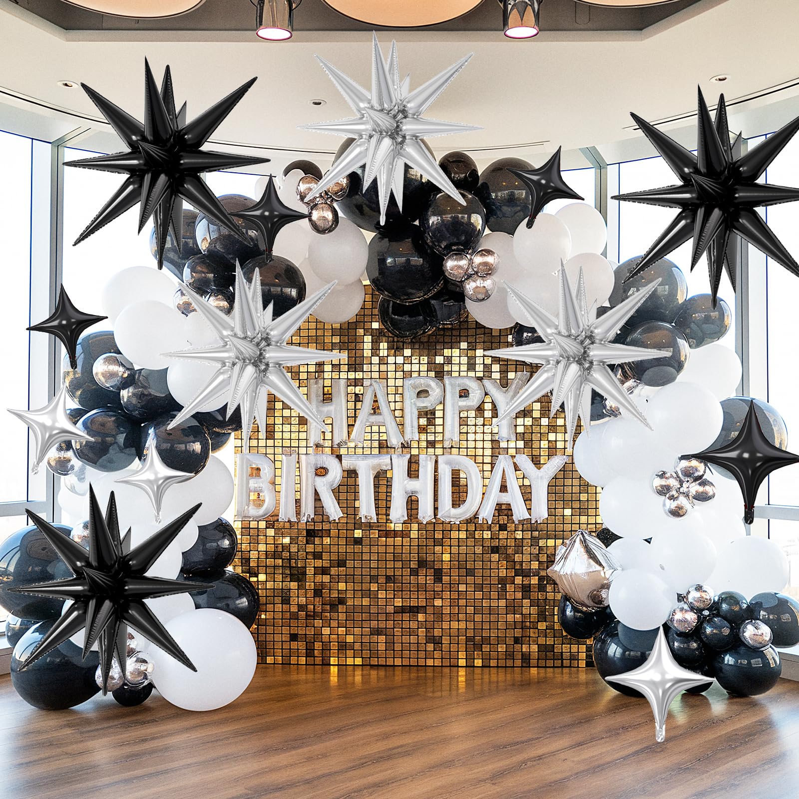 FunHot 18 Pcs Black Silver Star Balloons – 22-Inch Explosion Stars & 10-Inch Foil Balloons for Party Decor