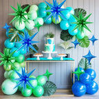 FunHot 18 Pcs Green & Blue Star Balloons – 22-Inch Explosion Star & 10-Inch Four-Point Foil Balloons for Dinosaur Theme Parties
