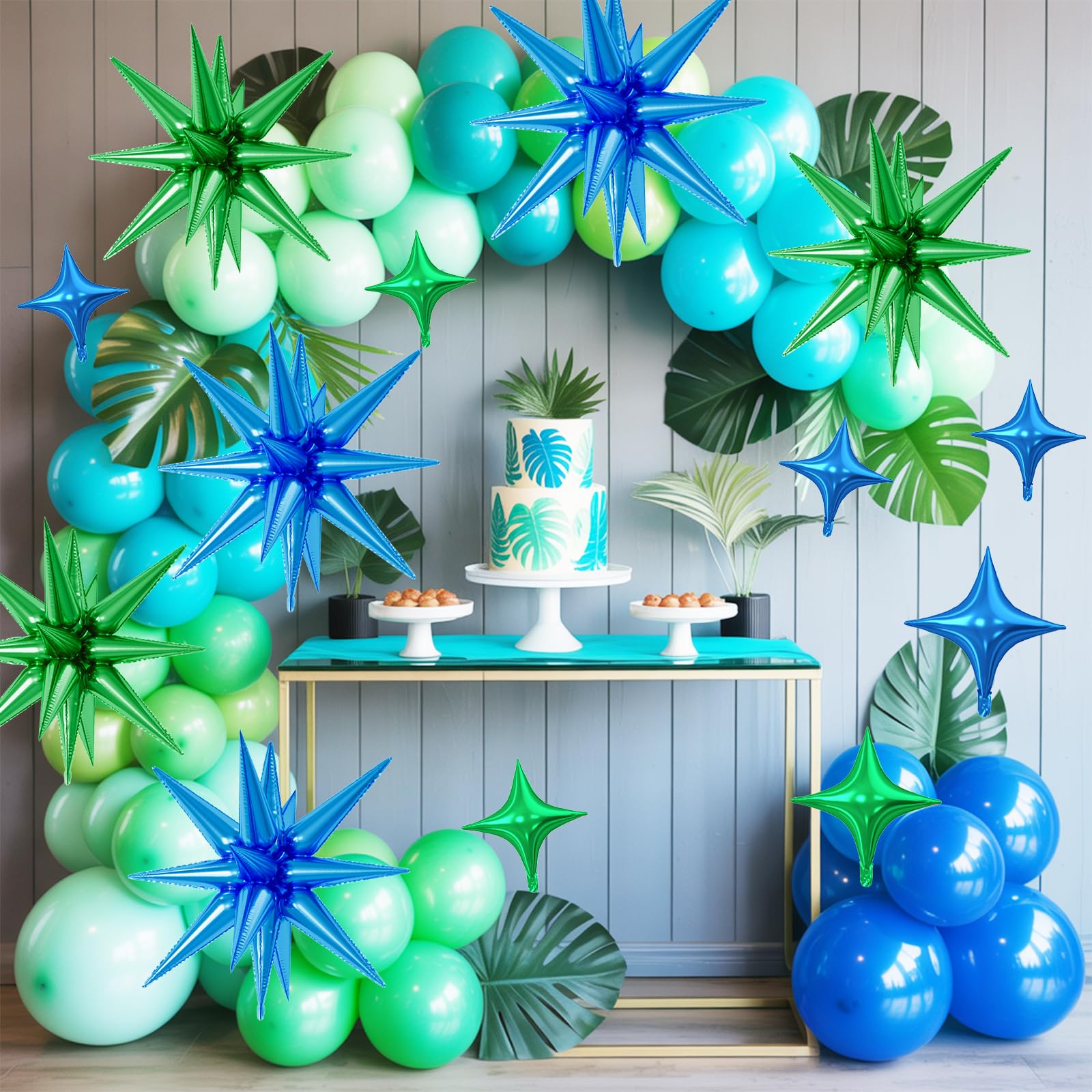 FunHot 18 Pcs Green & Blue Star Balloons – 22-Inch Explosion Star & 10-Inch Four-Point Foil Balloons for Dinosaur Theme Parties