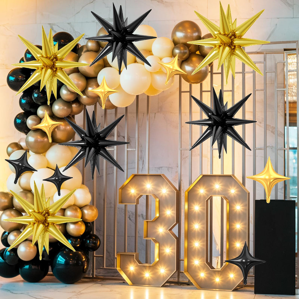 FunHot Black Gold Star Balloons – 18 Pcs Set with 6x22-Inch Explosion Stars & 12x10-Inch Four-Point Stars