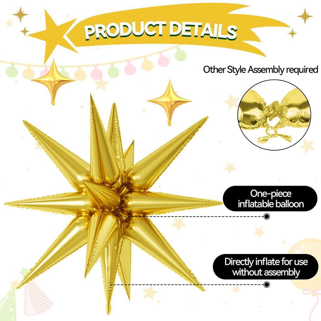 FunHot Black Gold Star Balloons – 18 Pcs Set with 6x22-Inch Explosion Stars & 12x10-Inch Four-Point Stars