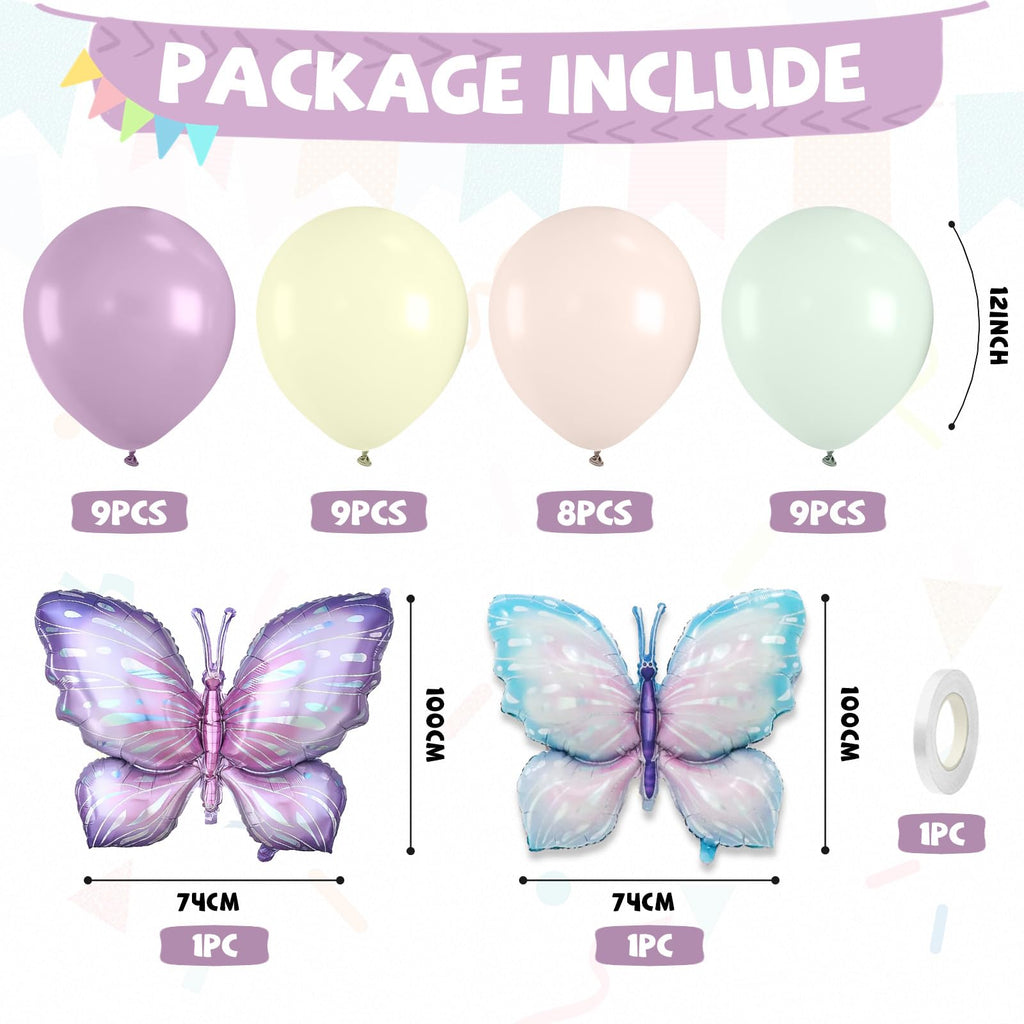 FunHot Pastel Butterfly Balloons Set – 35pc 12" Latex + 2 Giant Butterfly Foil Balloons for Princess Parties