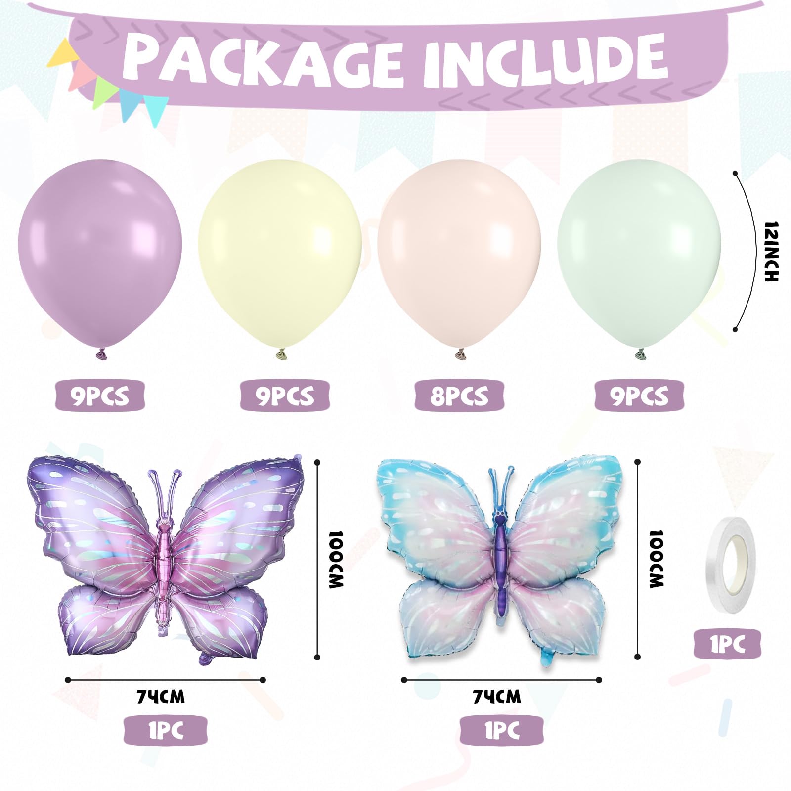 FunHot Pastel Butterfly Balloons Set – 35pc 12" Latex + 2 Giant Butterfly Foil Balloons for Princess Parties
