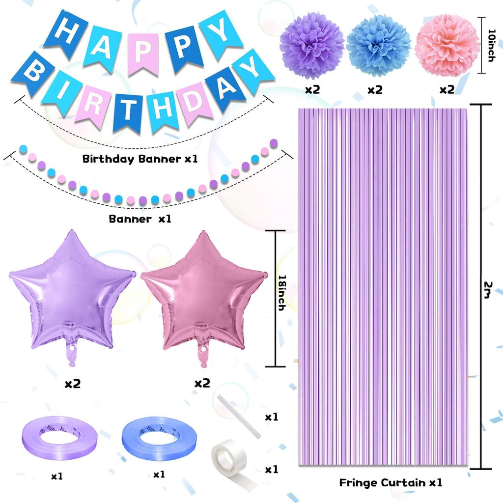 FunHot Purple Pink Blue Birthday Decorations Set – Balloons, Banner & Fringe Curtains