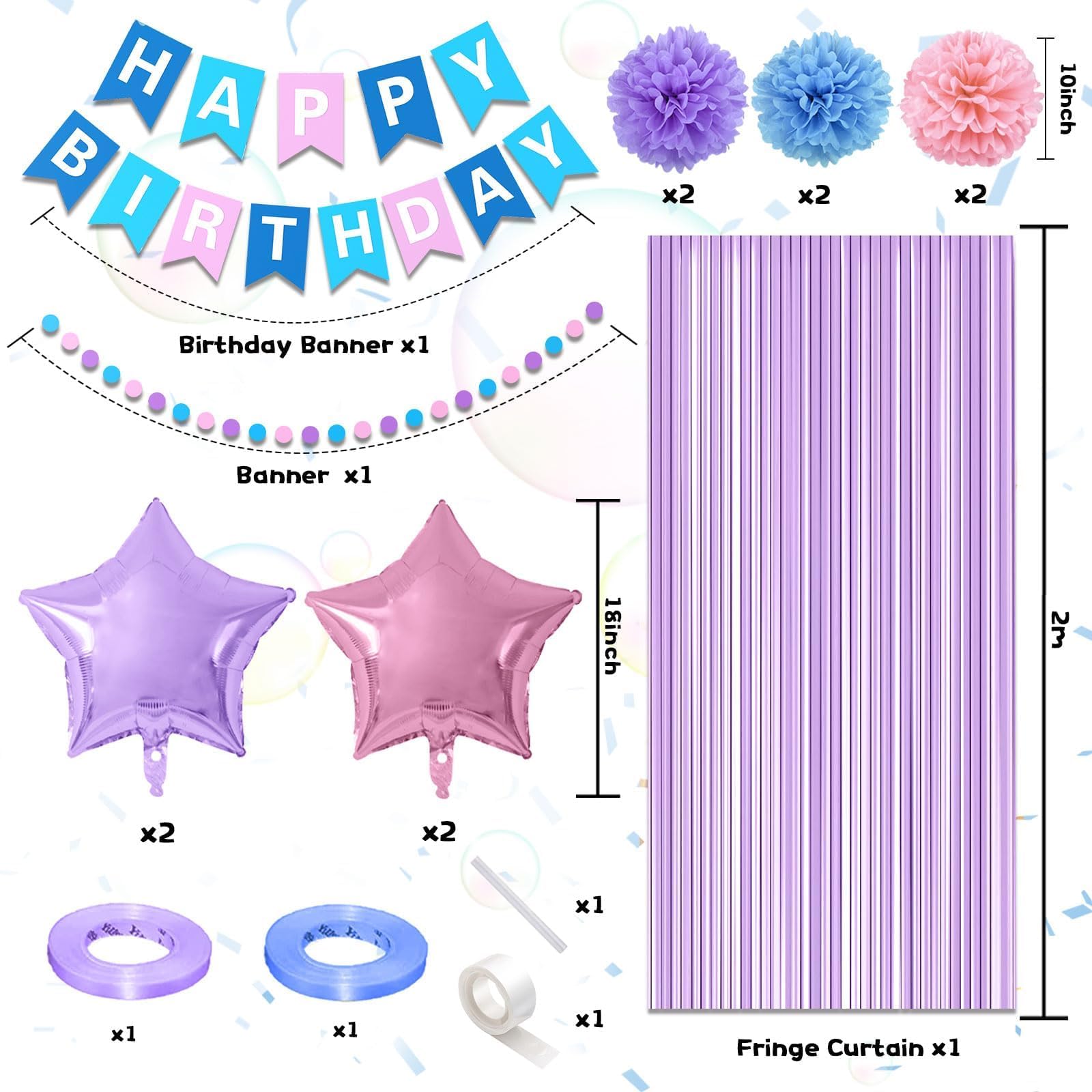 FunHot Purple Pink Blue Birthday Decorations Set – Balloons, Banner & Fringe Curtains