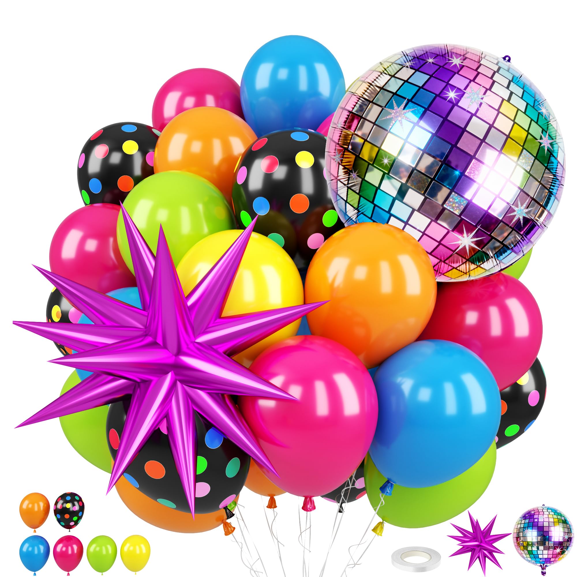 FunHot Neon Balloons Kit – 80s/90s Disco Party Decor (Hot Pink, Blue, Green, Orange, Yellow)