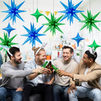 FunHot 18 Pcs Green & Blue Star Balloons – 22-Inch Explosion Star & 10-Inch Four-Point Foil Balloons for Dinosaur Theme Parties