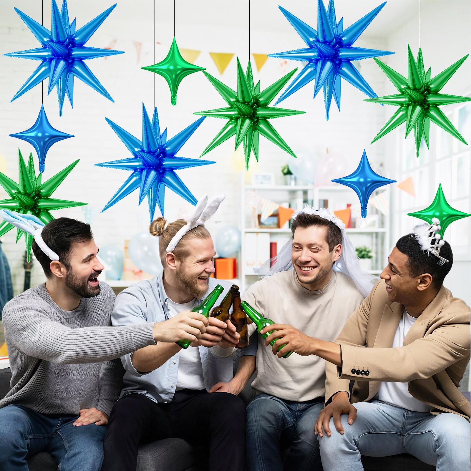 FunHot 18 Pcs Green & Blue Star Balloons – 22-Inch Explosion Star & 10-Inch Four-Point Foil Balloons for Dinosaur Theme Parties