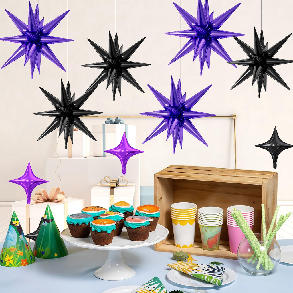 FunHot 18 Pcs Black Purple Star Balloons | 22-Inch Explosion Stars & 10-Inch Four-Point Stars