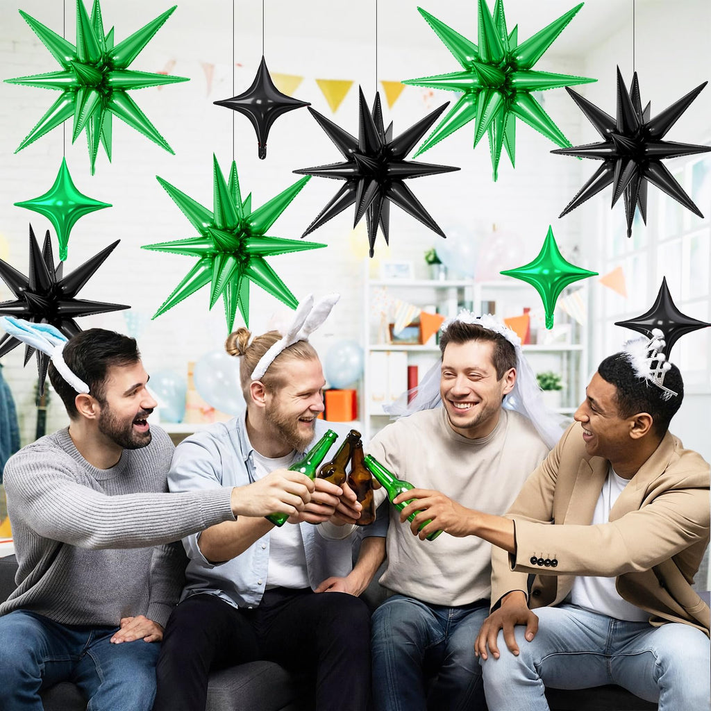 FunHot 18 Pcs Black & Green Star Balloons – Explosion & Four-Point Foil Balloons for Parties