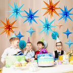 FunHot 18 Pcs Blue and Orange Star Balloons - 6x 22-Inch Explosion Stars + 12x 10-Inch Four-Point Stars