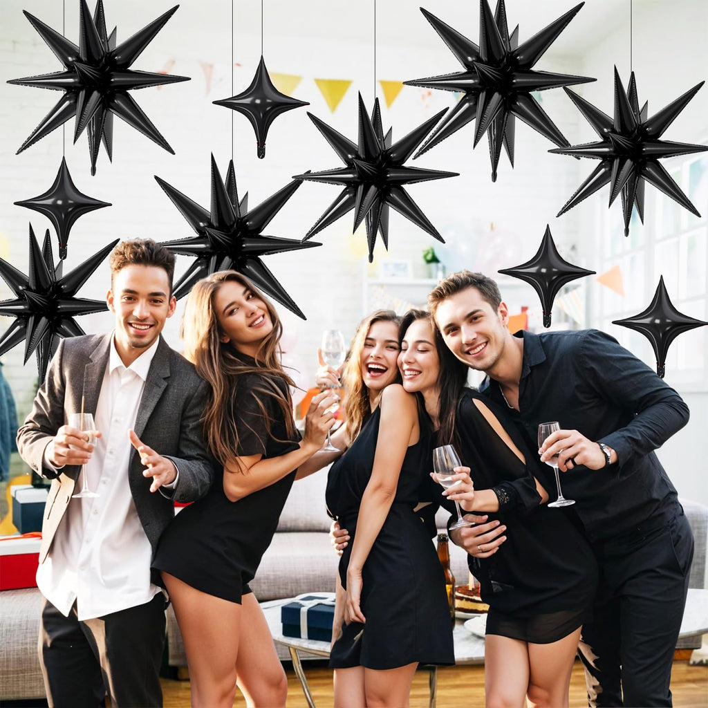 FunHot 18 Pcs Black Star Balloons — 22in Explosion + 10in Four-Point Foil Balloons for Party Decor