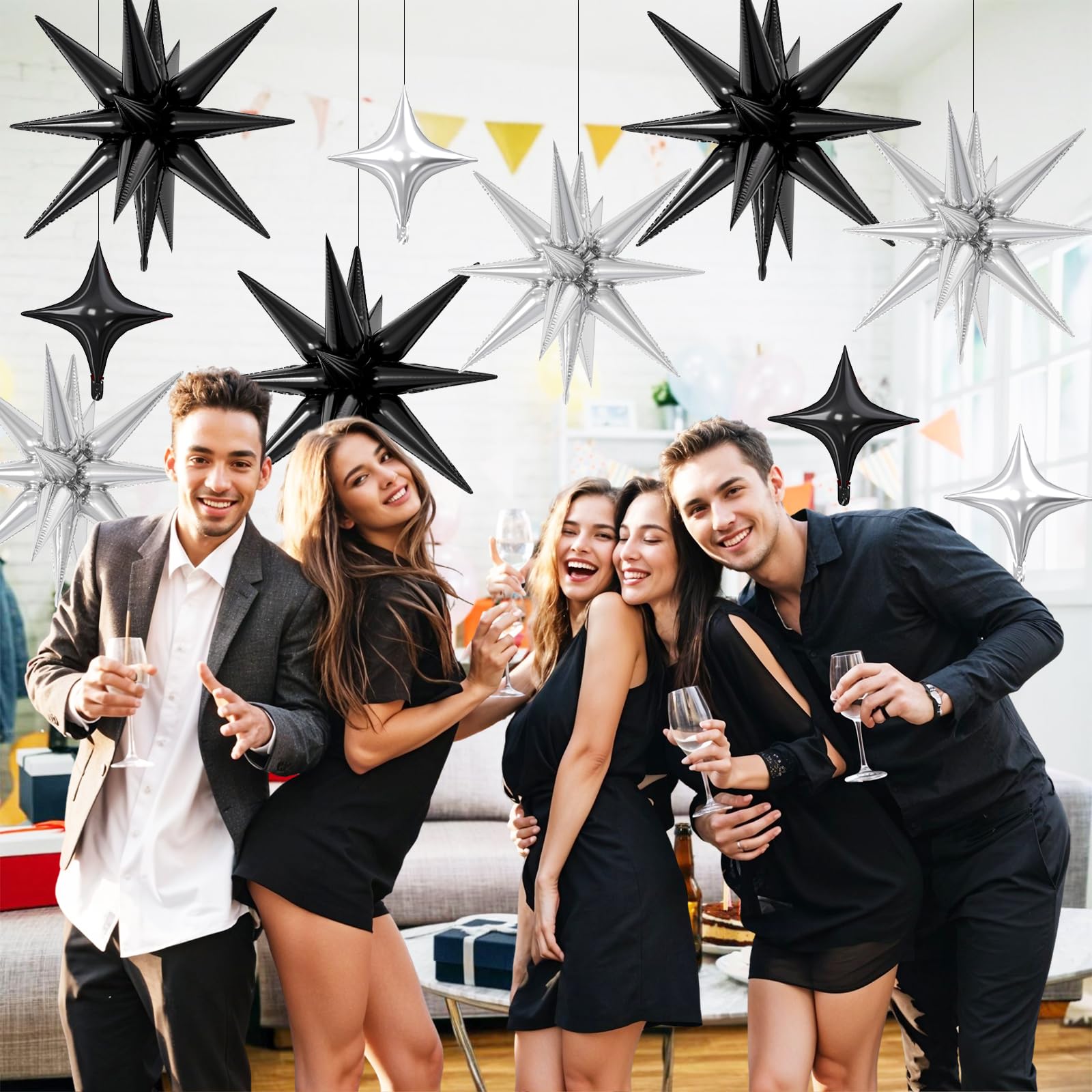 FunHot 18 Pcs Black Silver Star Balloons – 22-Inch Explosion Stars & 10-Inch Foil Balloons for Party Decor