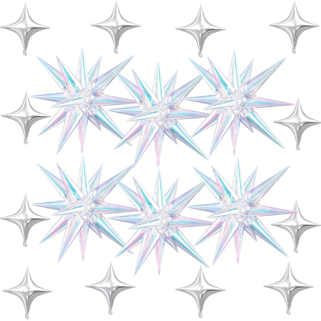 FunHot 18 Pcs Iridescent Star Balloons Set – 22in Explosion Stars + 12 Silver 10in Stars