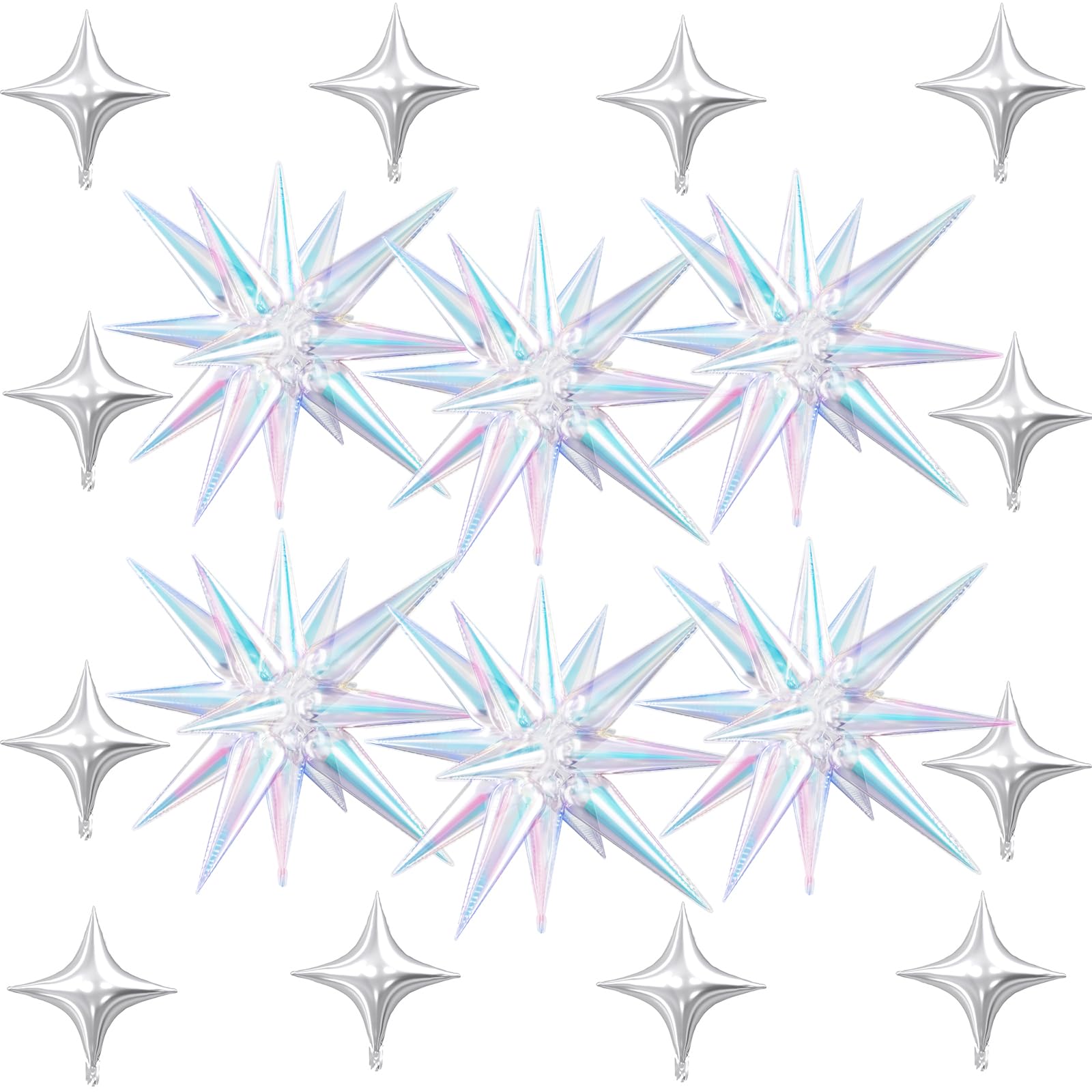 FunHot 18 Pcs Iridescent Star Balloons Set – 22in Explosion Stars + 12 Silver 10in Stars