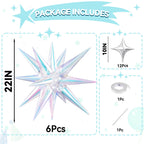 FunHot 18 Pcs Iridescent Star Balloons Set – 22in Explosion Stars + 12 Silver 10in Stars