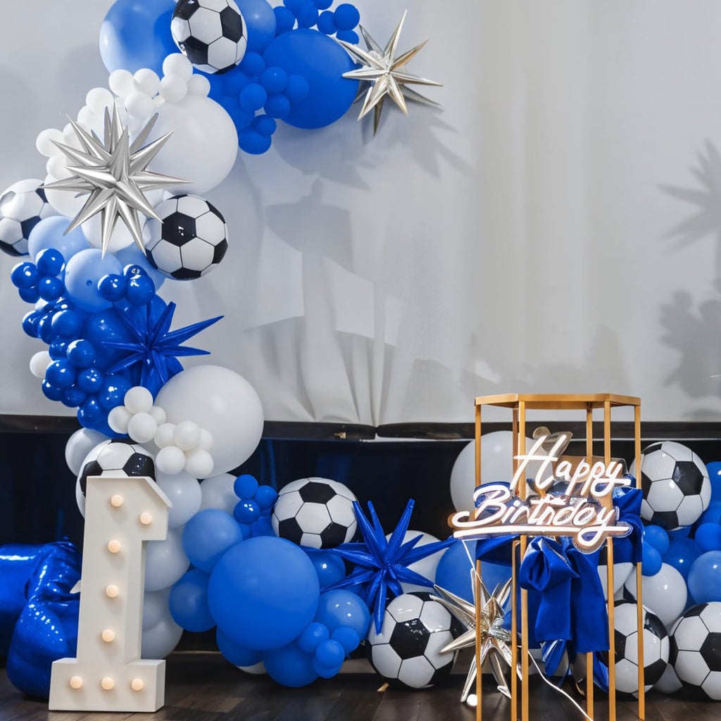 FunHot Blue Soccer Balloons Set – Navy, Metallic Blue, White & Silver Foil Balloons for Soccer Party Decor