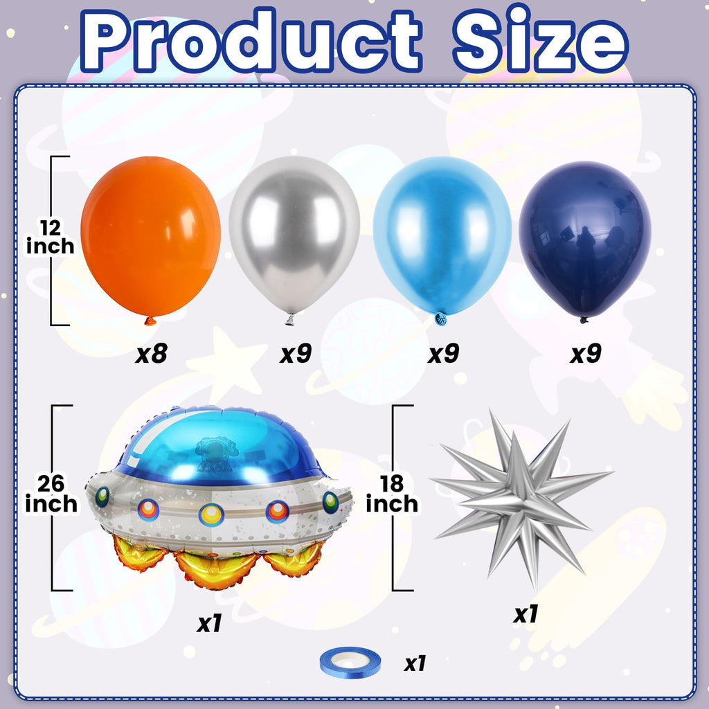 FunHot Outer Space Balloons Set – 12-Inch Galaxy Decor with UFO & Star Foil (Orange, Silver, Blue)