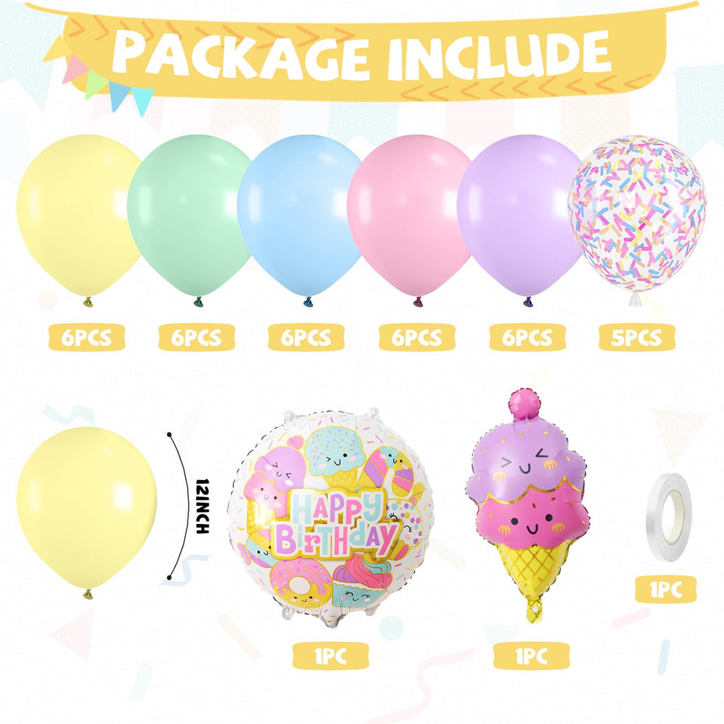FunHot Pastel Balloons Set with Ice Cream Foil Balloons – 35pc 12in Macaron Colors for Birthday Parties