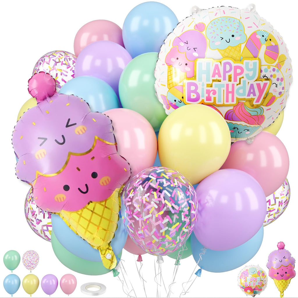 FunHot Pastel Balloons Set with Ice Cream Foil Balloons – 35pc 12in Macaron Colors for Birthday Parties