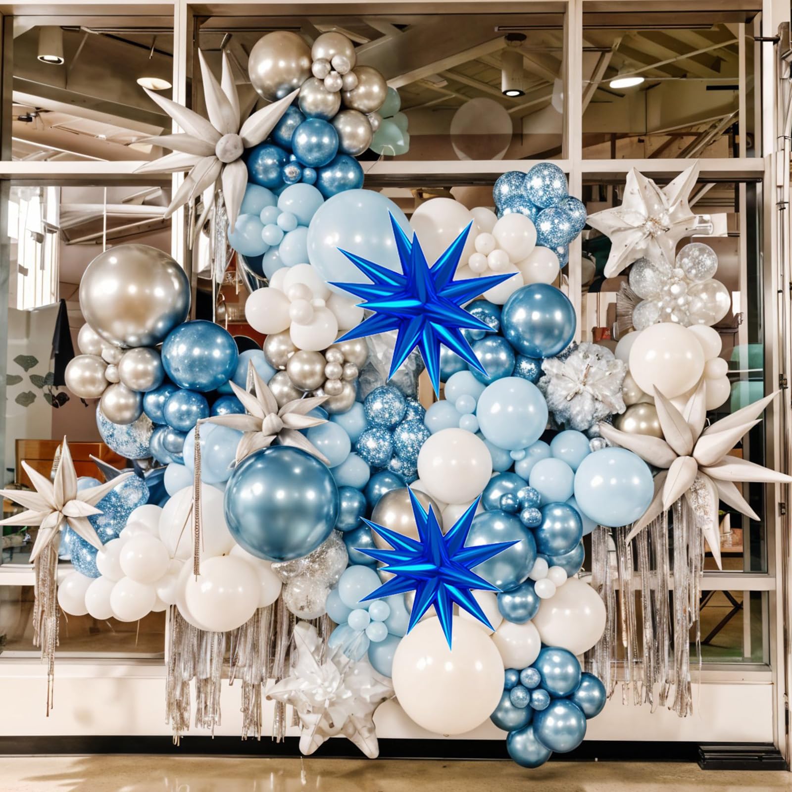 FunHot Blue & Silver Balloons with Star Foils — Navy & Light Blue Party Decor