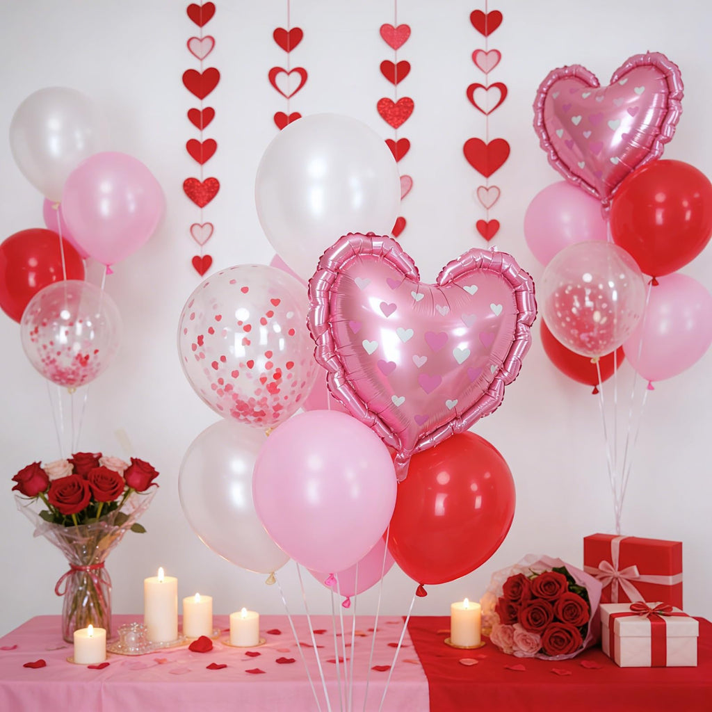 FunHot Red & Pink Balloons Set – Heart Foil & Confetti for Valentines, Weddings, Proposals