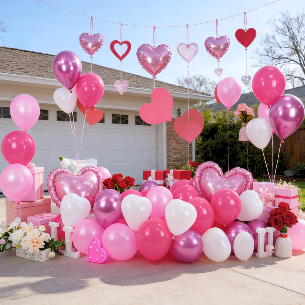 FunHot Hot Pink Heart Balloons Set – 11 Pink Hearts, Pearl Pink & Magenta Mix, 2 Foil Hearts